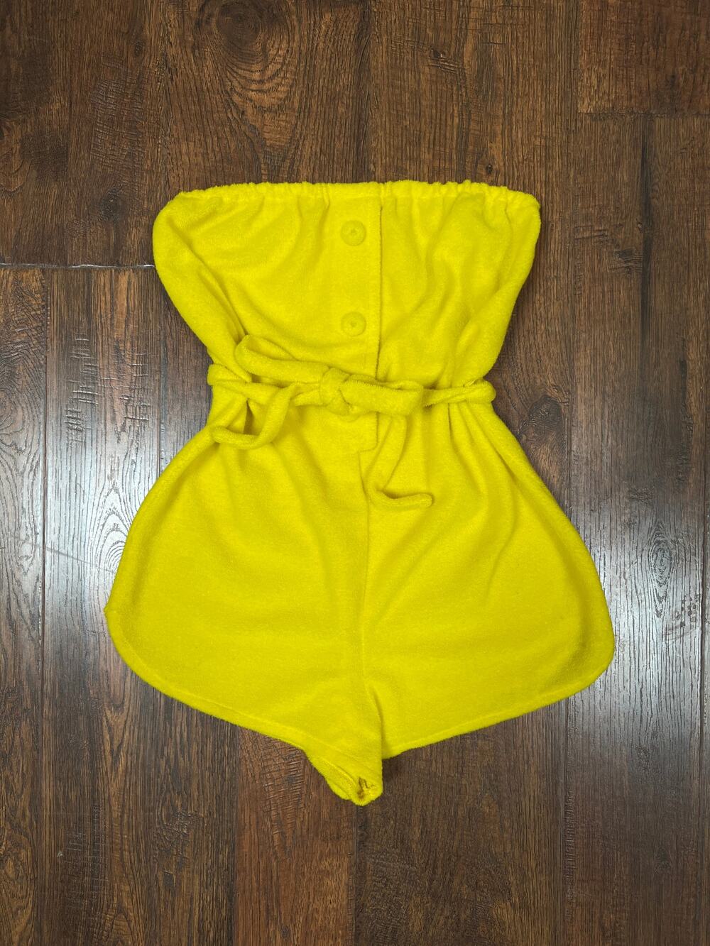 Vintage 1970s Yellow Terrycloth Playsuit Strapless Belted Bathing Suit Cover-Up